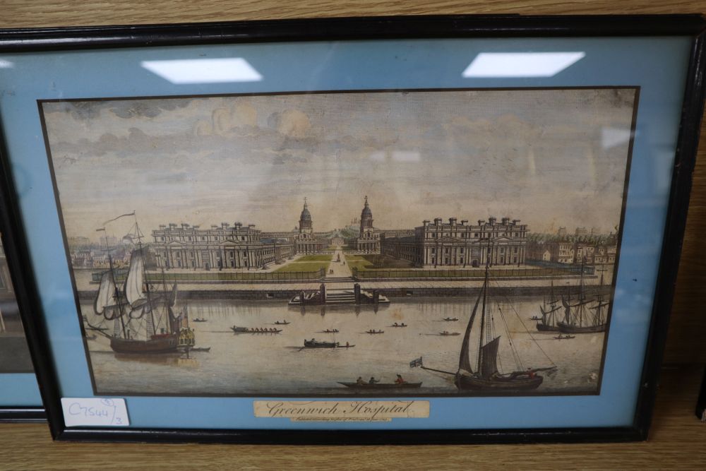 A near set of eight 18th century coloured engravings, Views of London and Paris, approximately 21 x 41cm